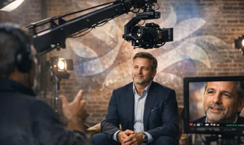 Эксперт даёт интервью в студии во время съёмок корпоративного видео