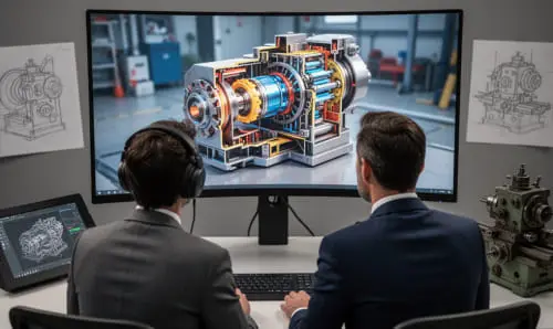 Инженеры анализируют 3D-модель двигателя в рамках производства видео для бизнеса