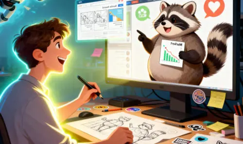 Художник создаёт персонажа для презентационного видео цифрового продукта