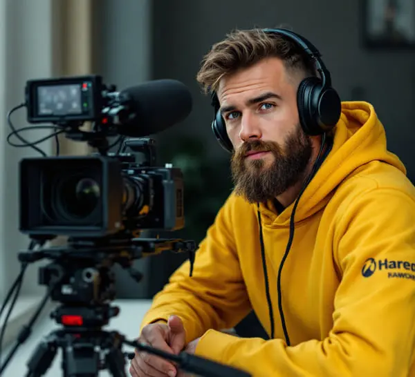 Видеограф улыбается перед камерой на штативе во время профессиональной видеосъёмки